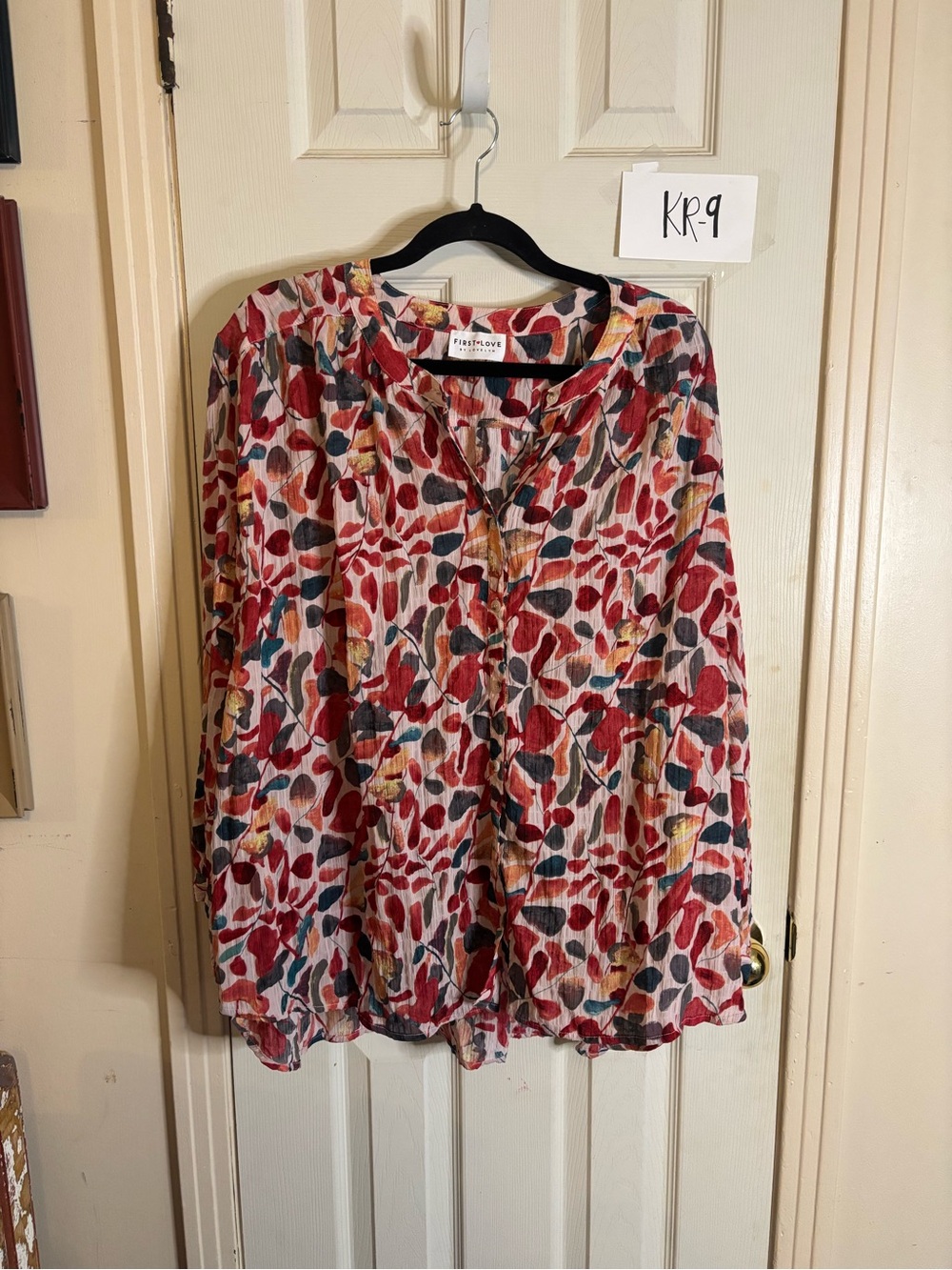 First love  Design Red Multi Leaf-Print Long-Sleeve Blouse